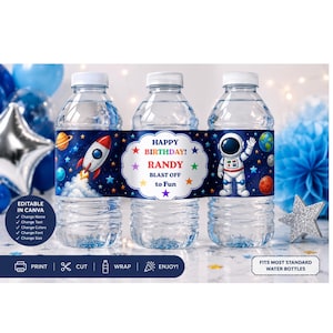 May include: Three clear plastic water bottles with space-themed labels featuring a rocket, an astronaut, planets, and stars. The central label text reads: HAPPY BIRTHDAY! RANDY BLAST OFF to Fun. The design includes a dark blue background with colorful stars and a white scalloped center frame.