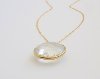 White Quartz Pendant Necklace Round Bezel Set Gold Delicate Chain Bridal Jewelry Simple EveryDay Jewelry