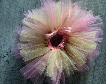 May include: A pink and yellow tulle tutu with a pink satin ribbon tied around the waist. The tutu has a sparkly finish.
