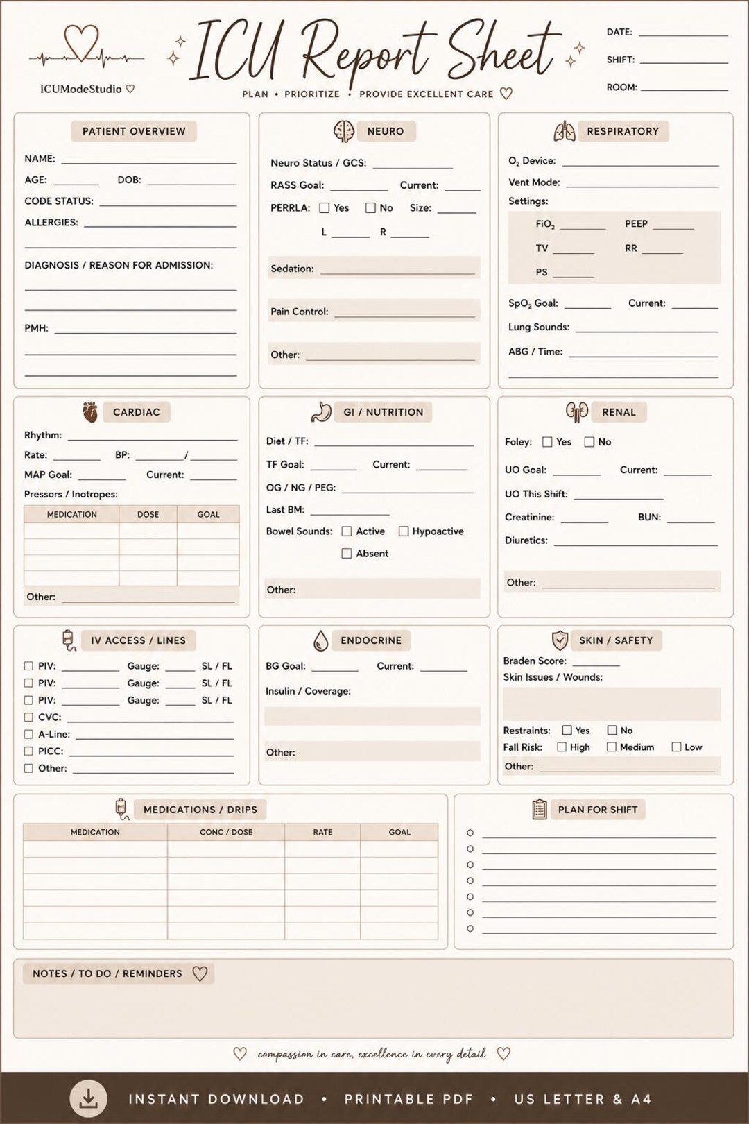 ICU Report Sheet Printable PDF – Nurse Brain Sheet Template - Etsy