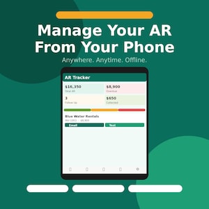 Peut inclure: Capture d'écran d'une application de suivi AR sur un téléphone portable. L'interface affiche des données financières, notamment le total des AR, les montants en souffrance et les fonds collectés. Le texte "Manage Your AR From Your Phone" est également visible.