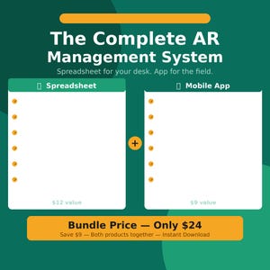 Peut inclure: Graphique publicitaire pour "The Complete AR Management System". Il présente deux rectangles blancs avec des puces, étiquetés "Spreadsheet" et "Mobile App". Une bannière jaune indique "Bundle Price - Seulement 24 $."