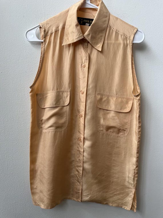 Vintage Full Gold Spain 100% Pure Silk Sleeveless Pocket Shirt Apricot Medium