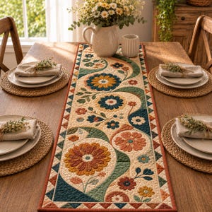 May include: A rectangular quilted table runner featuring a cream background with a repeating pattern of stylized flowers in shades of orange, yellow, teal, and green. The runner has a geometric triangle border and is placed on a wooden table.