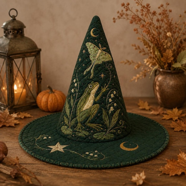 Quilted Frog Witch Hat Centerpiece, Luna Moth Moon Botanical Halloween Decor, Woodland Cottagecore Table Display