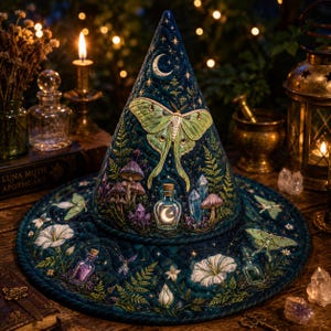 Halloween Quilted Witch Hat, Luna Moth Mushroom Moon Fabric Hat, Cottagecore Witchy Table Decor Gift