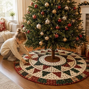 May include: A circular quilted Christmas tree skirt featuring a patchwork design with alternating star-shaped patterns in deep red, forest green, and cream colors, finished with a decorative border of small squares in matching festive holiday tones.