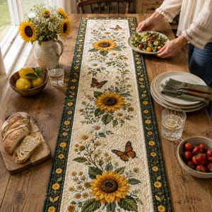 May include: A long, rectangular quilted table runner featuring a cream-colored center with embroidered sunflowers, white daisies, and orange monarch butterflies. The runner has a dark green border decorated with a repeating pattern of small yellow flowers.