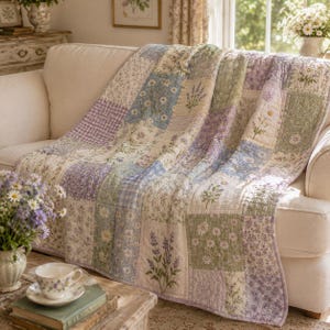 May include: A patchwork quilt featuring a variety of floral and gingham patterns in shades of lavender, sage green, and soft blue. The quilt is draped over a sofa and displays embroidered botanical motifs including daisies and lavender sprigs.