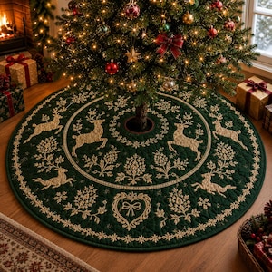 May include: A circular dark green quilted Christmas tree skirt featuring intricate gold embroidery of leaping deer, floral sprigs, and a central heart motif with a bow. The fabric has a stitched texture and a finished edge, designed to sit beneath a tree.