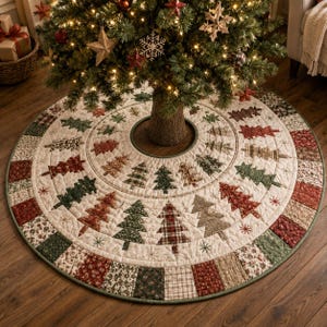 May include: A circular quilted Christmas tree skirt featuring a cream-colored base with concentric rings of appliqued fabric trees in various patterns of red, green, and tan. The outer border consists of alternating rectangular patches of festive fabric.