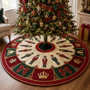 May include: A round quilted Christmas tree skirt featuring a repeating pattern of nutcracker figures, gold crowns, and red bows. The design uses a color palette of cream, deep red, and dark green with gold embroidery accents on a fabric base.