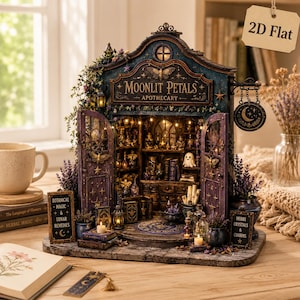May include: A miniature Moonlit Petals Apothecary shop model featuring dark blue and purple tones, open doors, interior shelves with tiny bottles, a ghost figurine, and hanging signs that read Botanical Magic and Herbs Crystals and Charms.