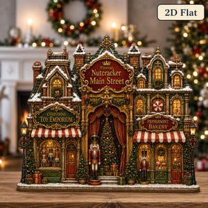 May include: A decorative Christmas village display titled Victorian Nutcracker Main Street, featuring a central archway with a nutcracker, flanked by a Christmas Toy Emporium and a Peppermint Bakery, all adorned with festive lights and snow.