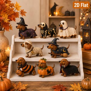 Halloween Dachshund Wooden Block Set, Witch Ghost Skeleton Dog Shelf Sitters, Spooky Fall Table Decor, Dachshund Lover Gift
