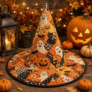 May include: A quilted witch hat featuring a patchwork pattern of orange and black fabric with printed motifs of smiling ghosts, jack-o'-lanterns, black cats, bats, and candy corn. The conical hat has a wide, flat brim and visible stitching.
