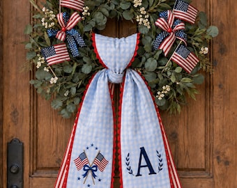 Custom Embroidered Patriotic USA Wreath Sash, Personalized 250th Anniversary Monogram Door Bow, 1776 2026 Front Door Decor