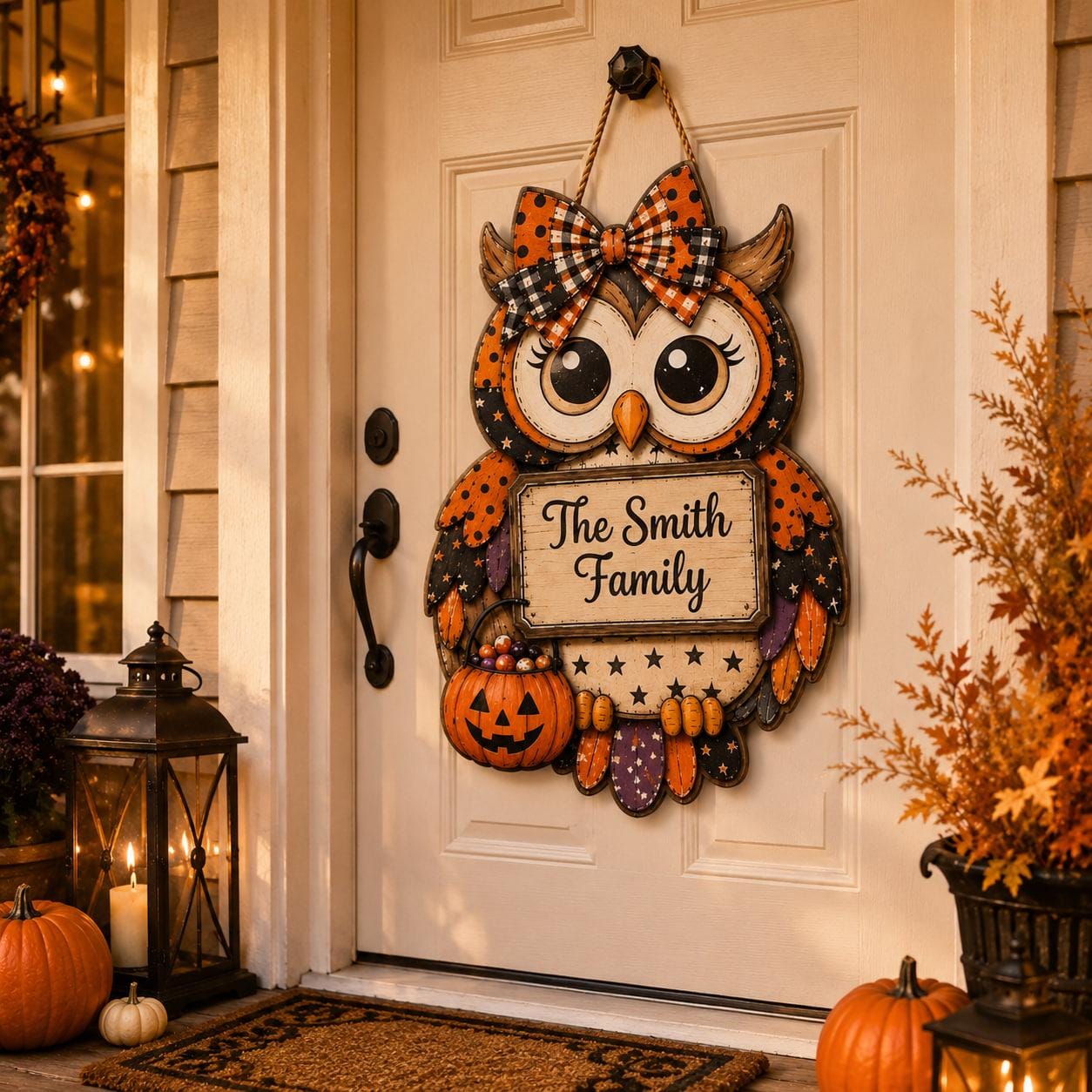 Personalized Owl Halloween Door Sign, Custom Wooden Front Door Hanger, Spooky Fall Porch Decoration,