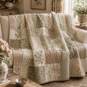 May include: A patchwork quilt featuring a variety of square fabric panels in muted shades of sage green, dusty rose, and cream. The quilt displays repeating botanical prints, delicate floral patterns, and subtle gingham checks with quilted stitching.