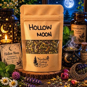 May include: A brown paper bag of "Hollow Moon" tea with a clear window, displaying dried herbs. The bag is on a wooden surface with other apothecary items, including a candle lantern, a small cauldron, and a jar labeled "Passionflower".