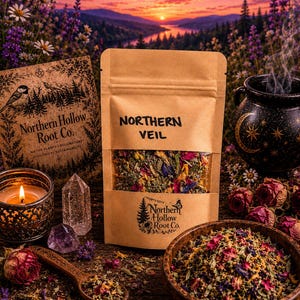 May include: A kraft paper bag labeled "Northern Veil" filled with dried herbs and flowers. The image includes a wooden bowl of herbs, a lit candle, crystals, and a book with the text "Northern Hollow Root Co." The background features a sunset over a lake.