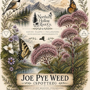 Peut inclure: Illustration botanique avec Joe Pye Weed, papillons, un oiseau et une abeille. L'œuvre comprend le texte "Northern Hollow Root Co." et "Joe Pye Weed (Spotted)". L'image promeut les plantes indigènes et la durabilité écologique.