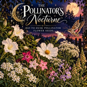 May include: A packet of The Pollinator's Nocturne Day-to-Dusk Pollinator Flower Seeds featuring a graphic of a moonlit garden with white, pink, and purple flowers, a moth in flight, and a full moon against a dark blue and orange twilight sky.