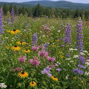 May include: A vibrant field of wildflowers in bloom, featuring tall purple lupines, yellow coneflowers, and various other colorful blossoms. Green foliage and a backdrop of trees and mountains complete the natural scene.