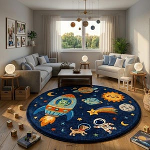 Kids Space Adventure Round Rug – Rocket, Astronaut & Planet Nursery Playroom Carpet
