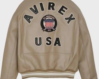 Męska beżowa skórzana kurtka typu bomber Varsity z haftowaną naszywką USA