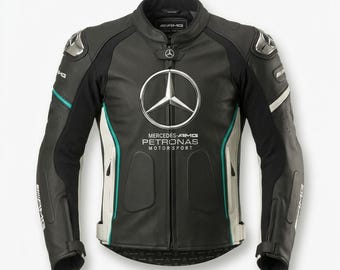 Mercedes Benz - Amg Zielona skórzana kurtka, prawdziwa skóra bydlęca i odzież motocyklowa oraz CE ARMORED