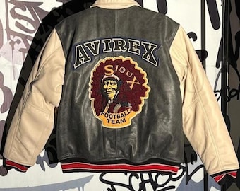 Kurtka Avirex w stylu vintage, skórzana, varsity, haftowana naszywka z tyłu, płaszcz w stylu streetwear