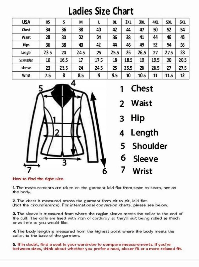 May include: A ladies' size chart with measurements for chest, waist, hips, length, shoulder, sleeve, and wrist. The chart includes sizes from XS to 6XL. A diagram illustrates how to measure a jacket for accurate sizing.