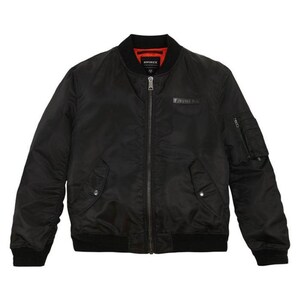 May include: Black bomber jacket with a zip-up front, ribbed cuffs, and a collar. The jacket has a small pocket on the left sleeve and a red lining visible at the collar. The brand name "AVIREX" is displayed on the chest.
