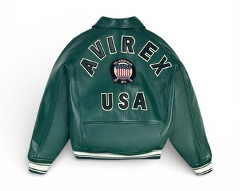 Kurtka skórzana Avirex Green USA Bomber w stylu vintage, uniwersyteckim dla mężczyzn
