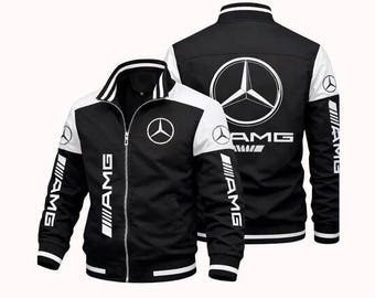 Czarna kurtka Mercedes-Benz AMG z zamkiem błyskawicznym | Luksusowy styl wyścigowy | Klasyczna kurtka streetwearowa