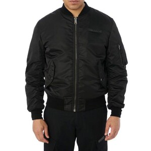 May include: Black bomber jacket with a ribbed collar, cuffs, and hem. The jacket features a front zipper closure, two side pockets, and a small pocket on the left sleeve. A small patch is visible on the chest.