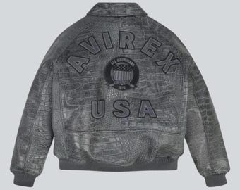 Jaqueta Bomber de Couro Croco Envelhecido Avirex USA Icon Cinza Estilo Hip Hop