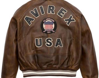 Avirex Vintage Brown Leather Varsity Jacket USA Patch Back Bomber Style Retro