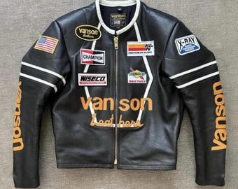 Chaqueta de cuero negra Vanson Star para hombre, estilo Cafe Racer Moto.