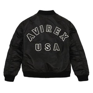 May include: Black bomber jacket with the text "AVIREX USA" in white block letters across the back. The jacket has a ribbed collar, cuffs, and hem. It features a zippered pocket on the left sleeve.