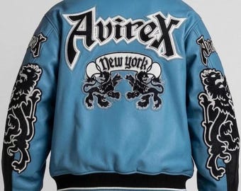 Avirex New York Dragons Leather Blue Varsity Jacket. Streetwear Designer Bomber Coat