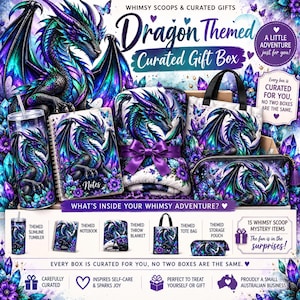 May include: A curated gift box set featuring dragon-themed items including a slimline tumbler, a spiral-bound notebook, a throw blanket with a purple ribbon, a tote bag, and a storage pouch, all decorated with blue and purple dragon illustrations.