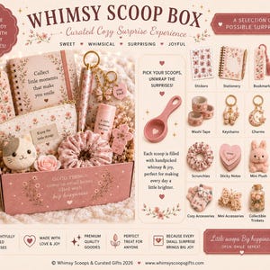 以下が含まれることがあります： Whimsy Scoop Boxには、花柄のノート、Enjoy the little thingsと書かれたポーチ、猫のぬいぐるみ、シュシュ、ペン、キーホルダー、キャンドルが入っています。箱にはGood things come in small boxes filled with big happinessというテキストが記載されています。