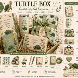 May include: A gift set titled Turtle Box featuring a spiral notebook, a tumbler, a plush blanket, and a zippered pouch, all decorated with turtle illustrations and nature motifs. The set includes additional items like bookmarks, stickers, washi tape, pens, and charms.
