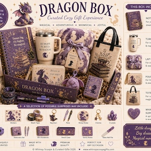 May include: A curated gift box set featuring a purple spiral notebook, a white tumbler with text, a purple patterned lap blanket, a beige tote bag, a small zipper pouch, a candle, and various stationery items like washi tape, pens, and bookmarks.