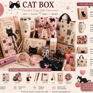 Pode incluir: Um conjunto de presente com tema de gato, incluindo um caderno espiral, um copo com o texto Life is better with cats & coffee, um cobertor rosa estampado, uma sacola, uma bolsa com zíper, uma máscara de dormir, canetas e vários acessórios.