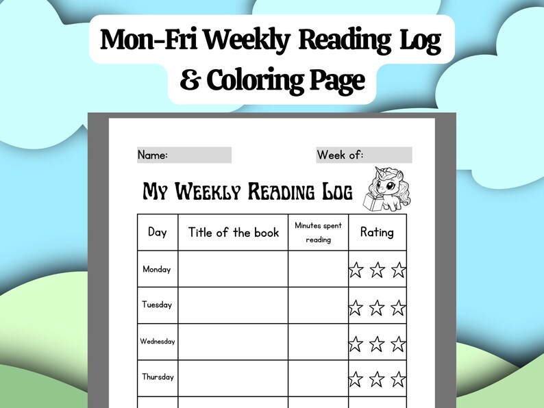 Kids Weekly Reading Log | Unicorn Coloring Page | Instant PDF Download ...