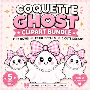 Könnte beinhalten: Eine digitale Grafik mit dem Text COQUETTE GHOST CLIPART BUNDLE, PINK BOWS, PEARL DETAILS, 5 CUTE DESIGNS, 5 PNG FILES und INSTANT DOWNLOAD. Drei weiße Geisterillustrationen sind abgebildet, die jeweils eine rosa Vichy-Schleife und eine Perlenkette tragen.