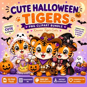 Puede incluir: Un gráfico digital con tres cachorros de tigre con disfraces de Halloween, incluyendo un fantasma, un vaquero y una bruja. El texto dice CUTE HALLOWEEN TIGERS PNG CLIPART BUNDLE Kawaii Tiger Cubs. El fondo es naranja y morado con murciélagos.